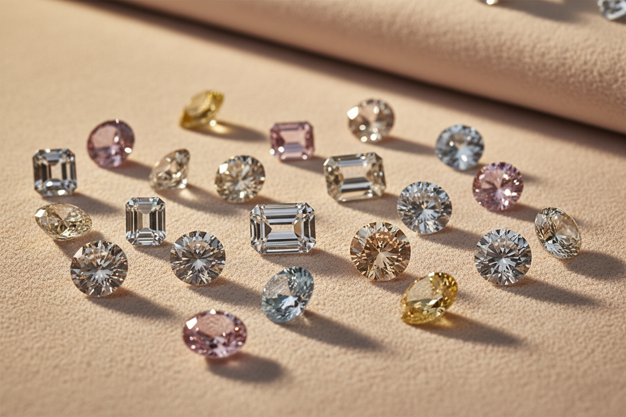 loose natural diamonds different shape and color on soft beige background, warm neutral lighting, luxury editorial jewelry aesthetic