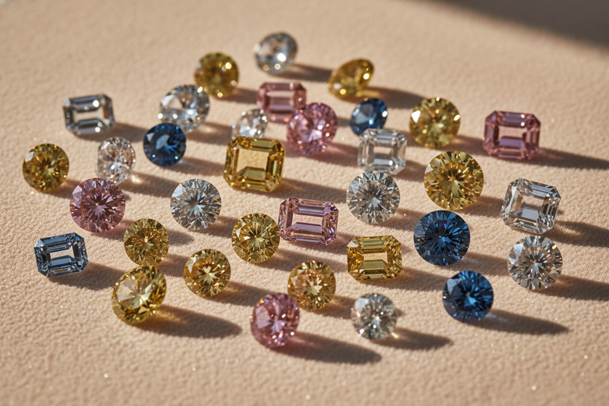 loose natural diamonds in all color and shape on soft beige background, warm neutral lighting, luxury editorial jewelry aesthetic