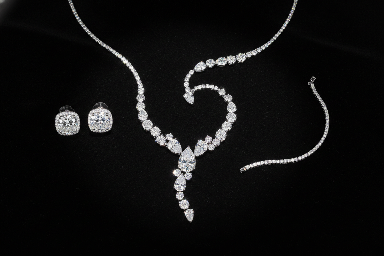 Luxury jewelry flat lay on a black velvet background with a spotlight effect, including a diamond necklace and stud earrings, photographed in soft contrast and high clarity"