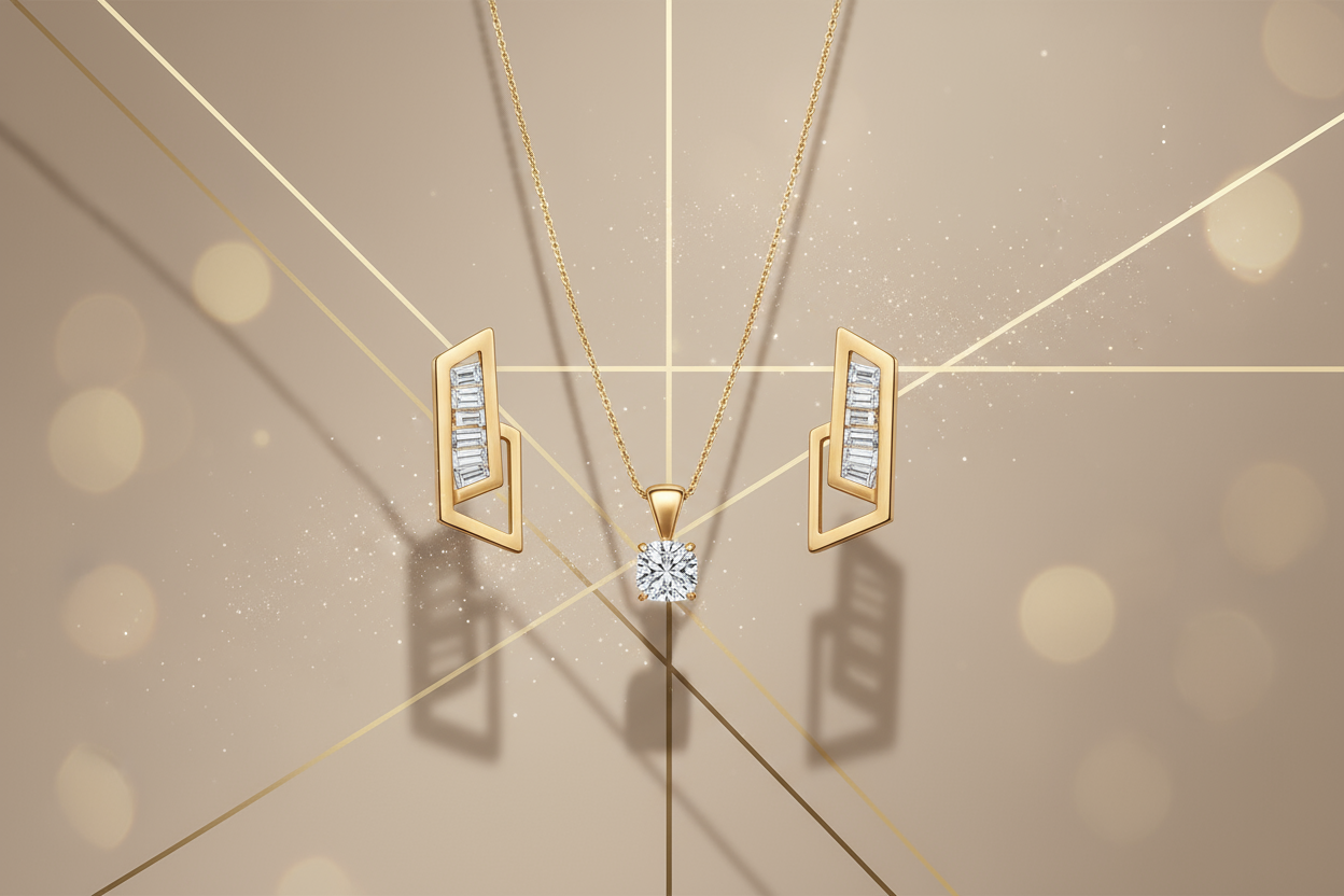 Luxury minimal photowith soft gold accents, a delicate sparkling diamond dust effect, subtle geometric lines, elegant high-end jewellery ambiance, premium editorial lighting, refined, sophisticated, suitable as luxury newsletter header, 3000x1800 px.” there should