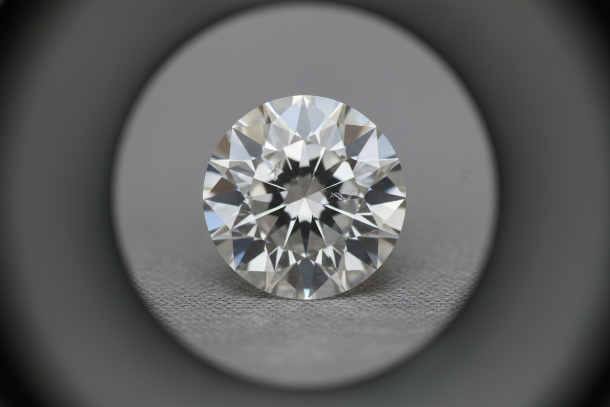 macro shot of diamond under jeweler loupe showing clarity details, soft neutral lighting, premium aesthetic