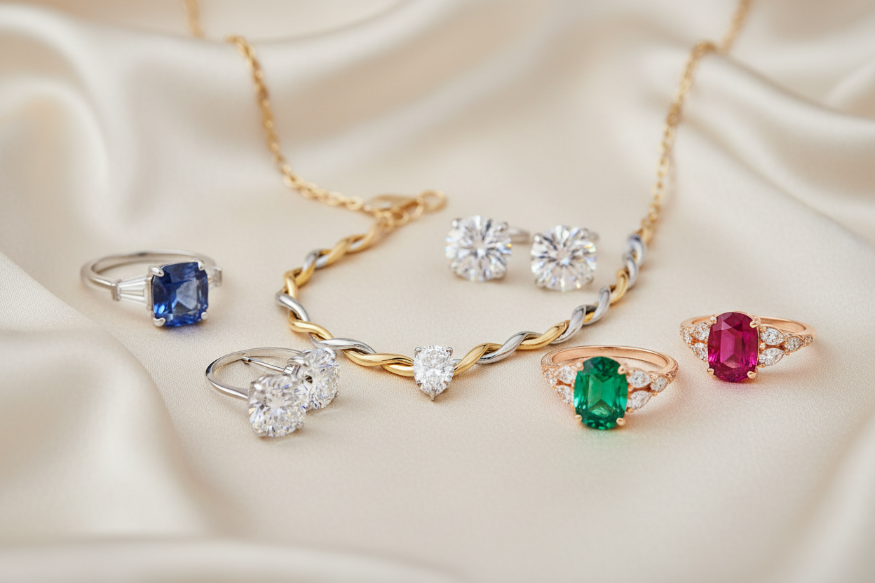 Create a high-end lifestyle image featuring elegant women’s jewelry displayed on a soft cream or champagne background. Include diamond earrings, gemstone rings, and a delicate necklace with gold and platinum tones. Use soft lighting, shallow depth of field, and minimal reflections to emphasize brilliance. Add a subtle bokeh or silk texture for a luxury editorial feel.