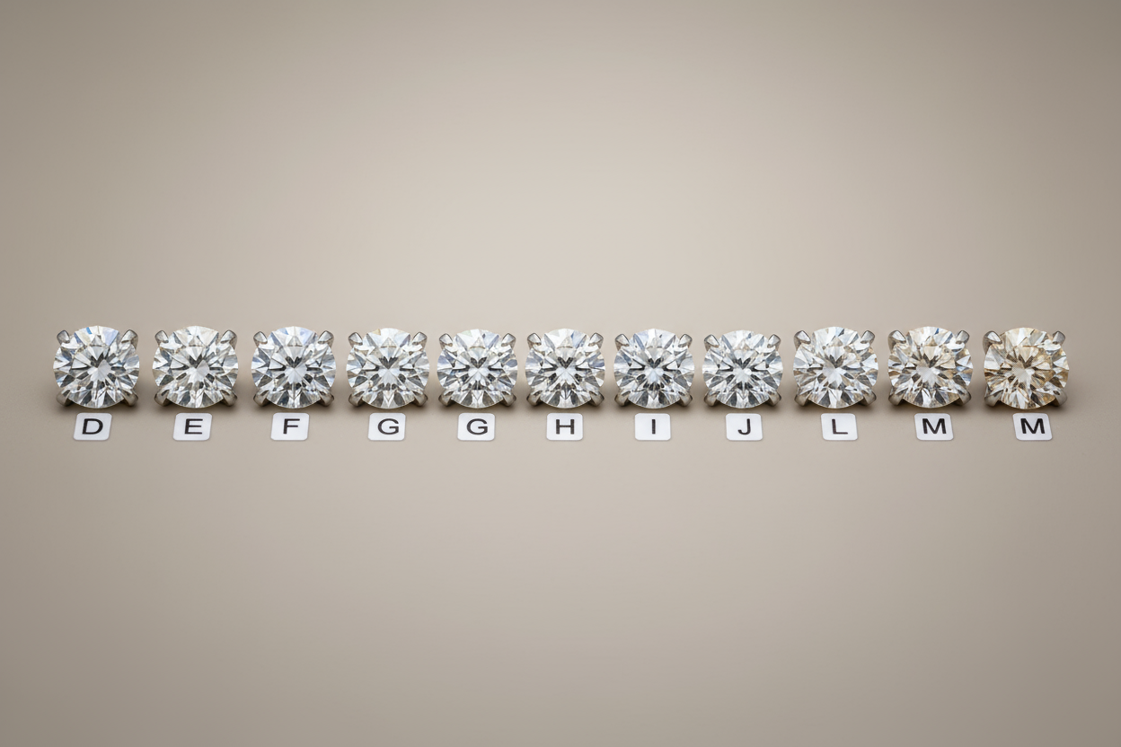 diamond color grading stones displayed in a clean row, white to warm tones, elegant neutral background