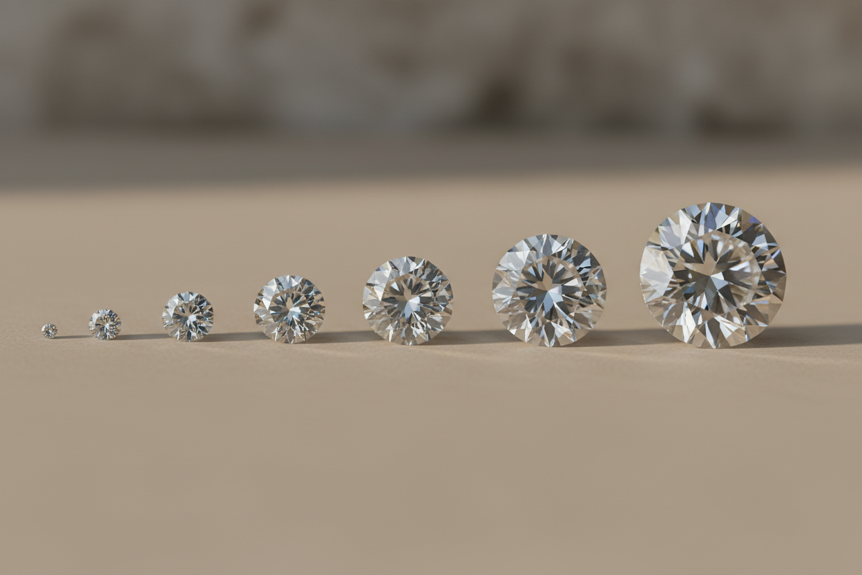 diamond size comparison on neutral surface, side-by-side stones, soft luxury lighting