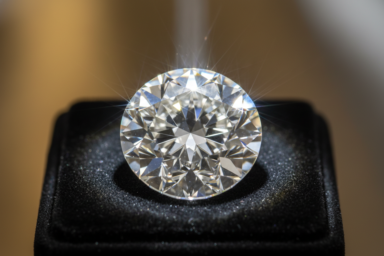 diamond under spotlight showing strong reflections and light return, luxury macro shot, premium lighting