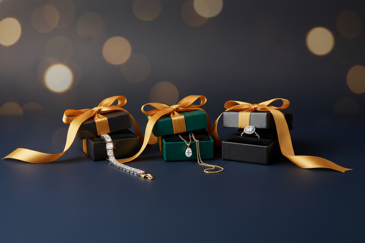 Generate an elegant jewelry gifting scene with small black and emerald green gift boxes tied with golden ribbons. Include subtle jewelry elements — diamond bracelet, pendant, or ring — partially visible from boxes. Set on a dark gradient background (charcoal to deep navy) with soft light reflections to make white text highly legible. Keep the scene warm, romantic, and cinematic — ideal for luxury gift branding.